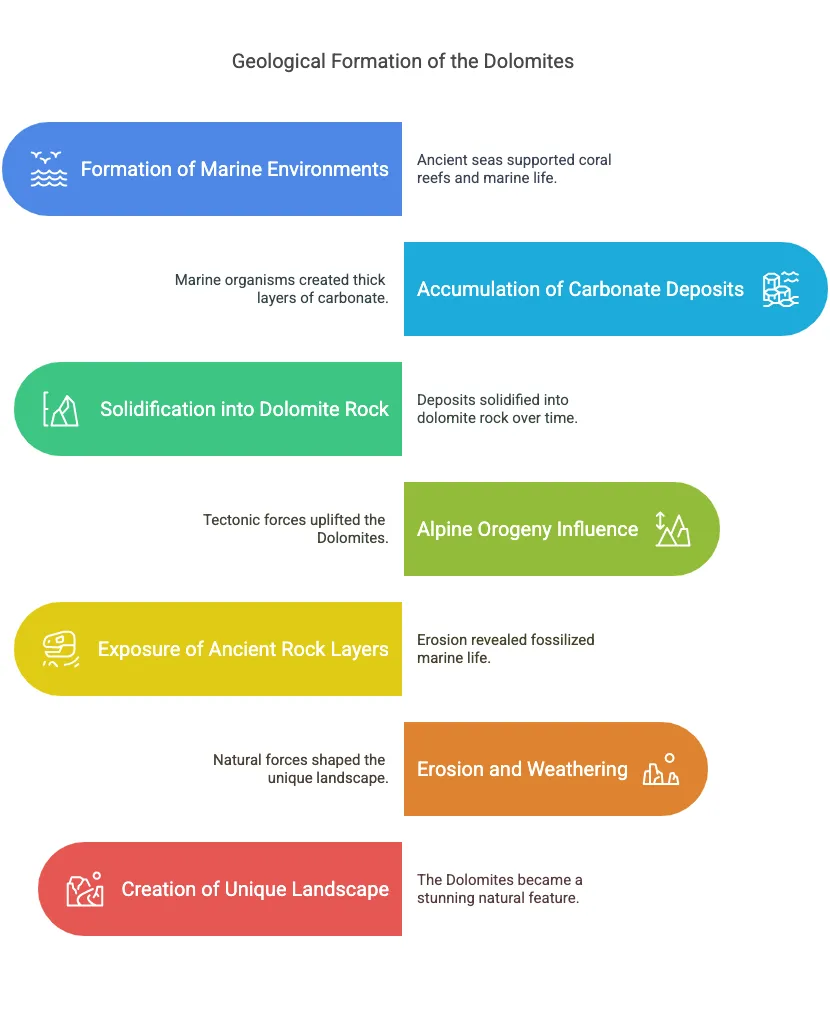 A structured infographic explaining the step-by-step geological formation of the Dolomites, from marine environments to landscape erosion